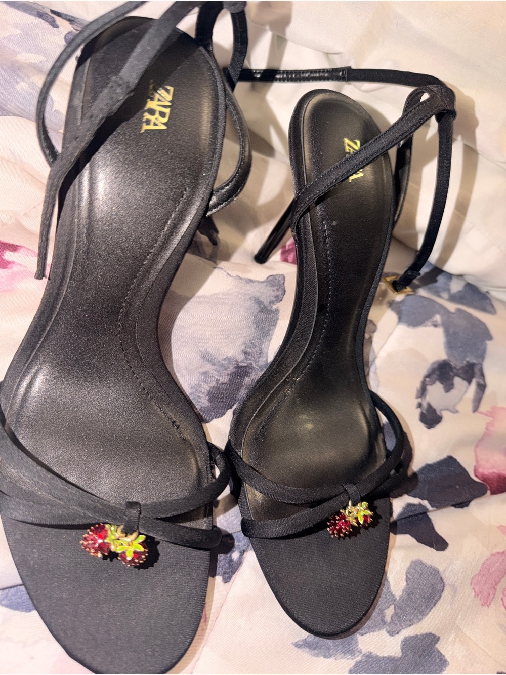 ZARA Black Strappy Heeled Sandals with Red and Yellow Floral Charms